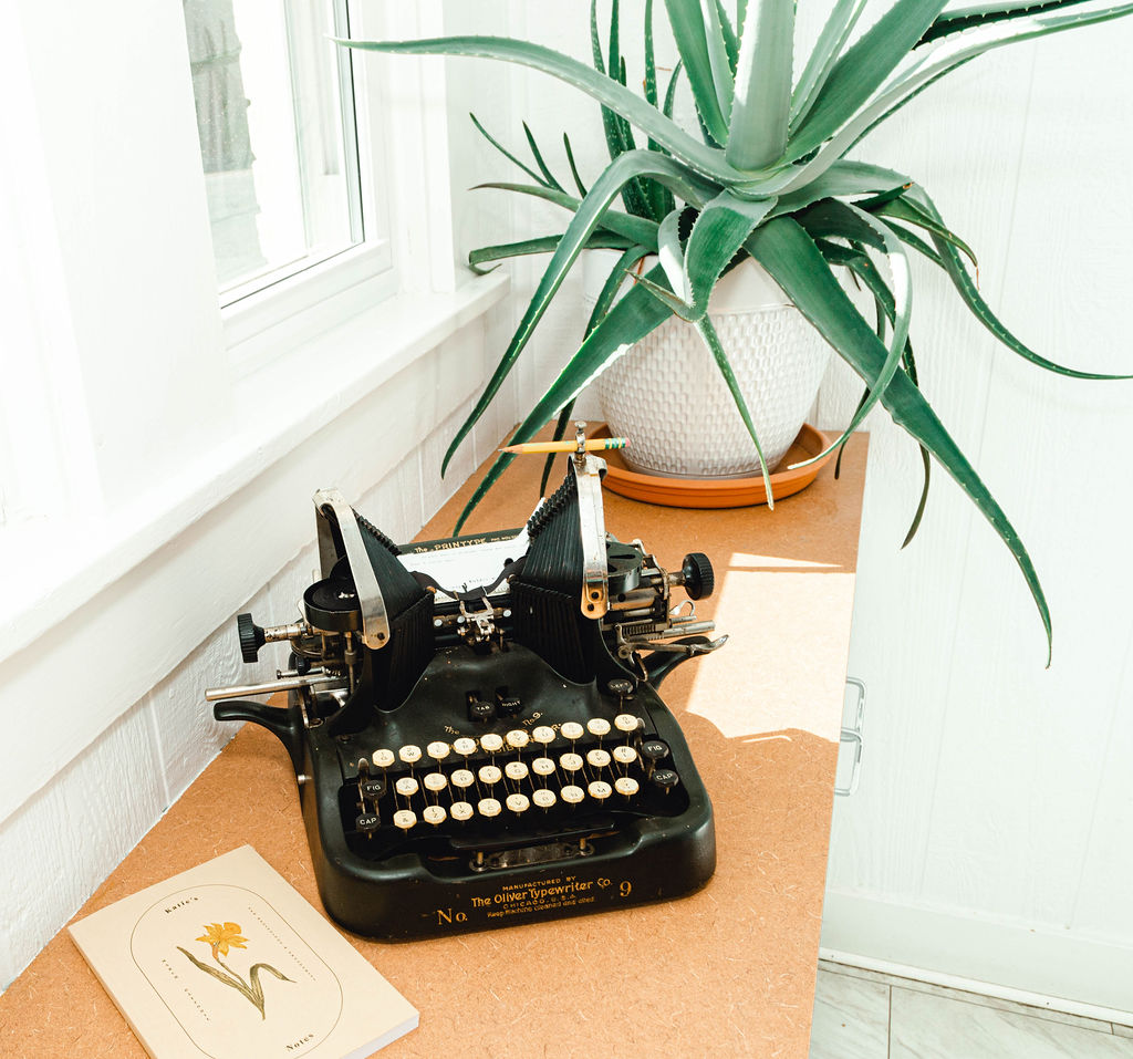 Typewriter plant and notebook on counter